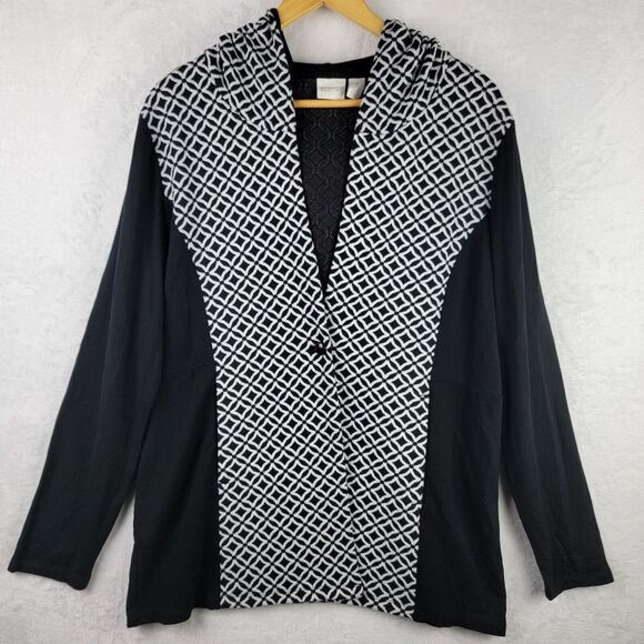 Chicos Zenergy Cardigan Knit Hooded Size Large Button Black White Design - Picture 1 of 11